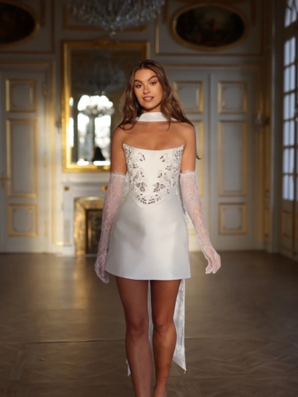 Ivory Satin Mini Dress With Scarf And Gloves
